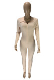 Beige Fashion Casual Letter Embroidery Basic Zipper Collar Skinny Jumpsuits