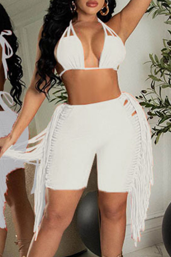 White Sexy Solid Tassel Patchwork Halter Sleeveless Two Pieces