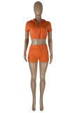 Orange Fashion Casual Solid Basic Zipper Collar Short Sleeve Two Pieces