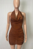 Brown Fashion Sexy Solid Backless Fold Halter Sleeveless Dress