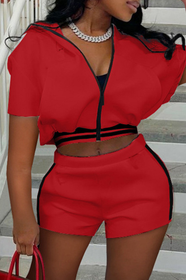 Red Fashion Casual Solid Patchwork Zipper Collar Short Sleeve Two Pieces