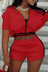 Red Fashion Casual Solid Patchwork Zipper Collar Short Sleeve Two Pieces