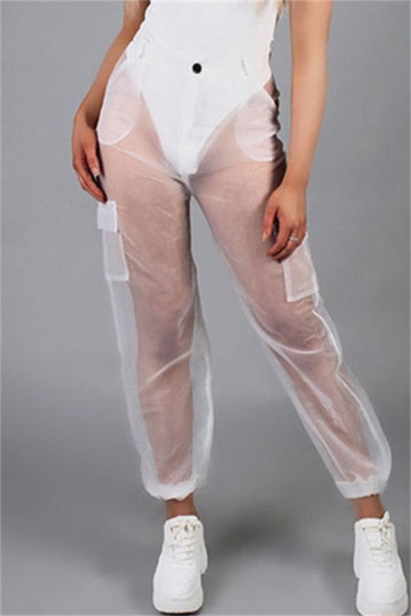White Sexy Casual Solid Patchwork See-through Regular High Waist Trousers