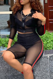 Black Fashion Sexy Solid Patchwork See-through Zipper Collar Long Sleeve Two Pieces