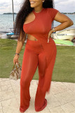 Orange Fashion Casual Solid Hollowed Out Asymmetrical O Neck Short Sleeve Two Pieces