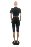Black Fashion Casual Letter Lips Printed Ripped V Neck Short Sleeve Two Pieces