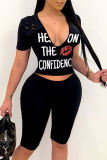 Black Fashion Casual Letter Lips Printed Ripped V Neck Short Sleeve Two Pieces