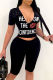 Black Fashion Casual Letter Lips Printed Ripped V Neck Short Sleeve Two Pieces