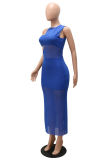 Blue Fashion Sexy Solid See-through Asymmetrical O Neck Sleeveless Three-piece Set