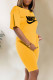 Yellow Fashion Sportswear Print Letter O Neck Short Sleeve Two Pieces