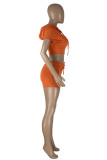 Orange Fashion Casual Solid Basic Zipper Collar Short Sleeve Two Pieces