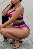 Pink Fashion Sexy Patchwork Sequins Backless Spaghetti Strap Sleeveless Two Pieces