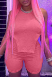 Pink Fashion Casual Solid Asymmetrical O Neck Sleeveless Two Pieces