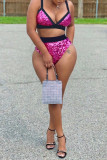 Pink Fashion Sexy Patchwork Sequins Backless Spaghetti Strap Sleeveless Two Pieces