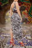 White Sexy Print Zebra Print Patchwork Asymmetrical Square Collar Sleeveless Two Pieces