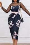 Blue Fashion Casual Patchwork Print See-through With Belt O Neck Long Sleeve Dresses