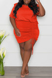 Tangerine Red Casual Solid Split Joint Draw String Fold O Neck Pencil Skirt Plus Size Two Pieces