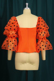 Orange Fashion Casual Dot Print Patchwork V Neck Tops