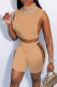 Khaki Sexy Patchwork See-through O Neck Sleeveless Two Pieces
