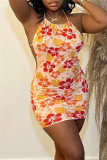 Pink Fashion Sexy Print Bandage Backless Halter Sleeveless Dress