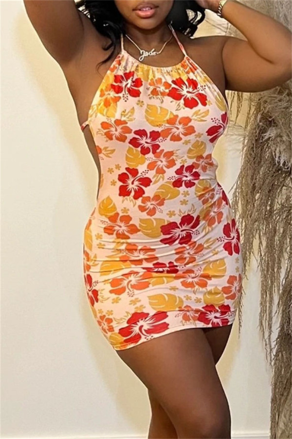 Yellow Fashion Sexy Print Bandage Backless Halter Sleeveless Dress