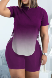 Blue Casual Gradual Change Patchwork O Neck Short Sleeve Two Pieces