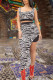 White Sexy Print Zebra Print Patchwork Asymmetrical Square Collar Sleeveless Two Pieces