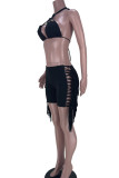 Blue Sexy Solid Tassel Patchwork Halter Sleeveless Two Pieces
