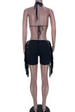 Blue Sexy Solid Tassel Patchwork Halter Sleeveless Two Pieces