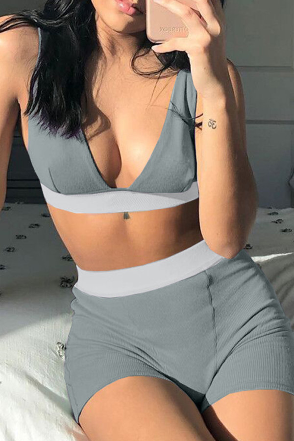 Grey Sexy Casual Solid Basic V Neck Sleeveless Two Pieces