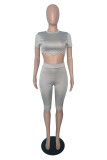 Silver Fashion Casual Solid Bandage Backless O Neck Short Sleeve Two Pieces