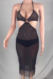 Red Sexy Solid Tassel Hollowed Out Patchwork Halter Beach Dresses