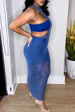 Blue Fashion Sexy Solid See-through Asymmetrical O Neck Sleeveless Three-piece Set