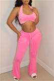 Pink Fashion Sexy Solid Bandage Backless Halter Sleeveless Two Pieces