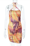 Multicolor Fashion Sexy Print Backless Halter Sleeveless Dress