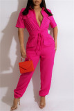 Red Fashion Casual Solid Patchwork Turndown Collar Regular Jumpsuits