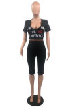 Black Fashion Casual Letter Lips Printed Ripped V Neck Short Sleeve Two Pieces