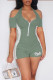Green Casual Sportswear Print Hollowed Out Patchwork Zipper Collar Regular Rompers