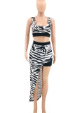 White Sexy Print Zebra Print Patchwork Asymmetrical Square Collar Sleeveless Two Pieces