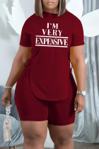Burgundy Fashion Casual Letter Print Bandage O Neck Short Sleeve Two Pieces