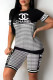 Black Fashion Casual Print Patchwork O Neck Short Sleeve Two Pieces