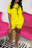 Pink Fashion Casual Print Basic O Neck Short Sleeve Two Pieces
