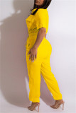 Yellow Fashion Casual Solid Patchwork Turndown Collar Regular Jumpsuits