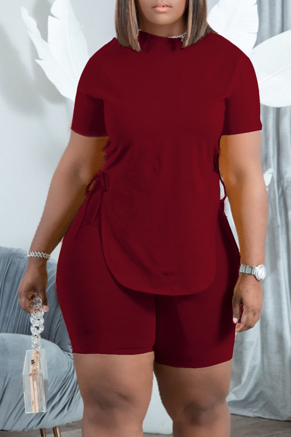 Burgundy Casual Solid Patchwork Frenulum Asymmetrical O Neck Short Sleeve Two Pieces