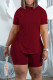 Burgundy Casual Solid Patchwork Frenulum Asymmetrical O Neck Short Sleeve Two Pieces