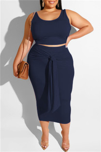 Deep Blue Sexy Casual Solid Bandage O Neck Plus Size Two Pieces