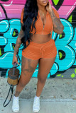 Orange Fashion Casual Solid Basic Zipper Collar Short Sleeve Two Pieces