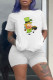 White Fashion Casual Print Basic O Neck Short Sleeve Two Pieces