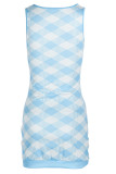 Pink Sexy Plaid Print Patchwork Buckle U Neck Pencil Skirt Dresses