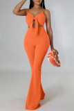 Orange Fashion Sexy Solid Hollowed Out Backless Spaghetti Strap Skinny Jumpsuits